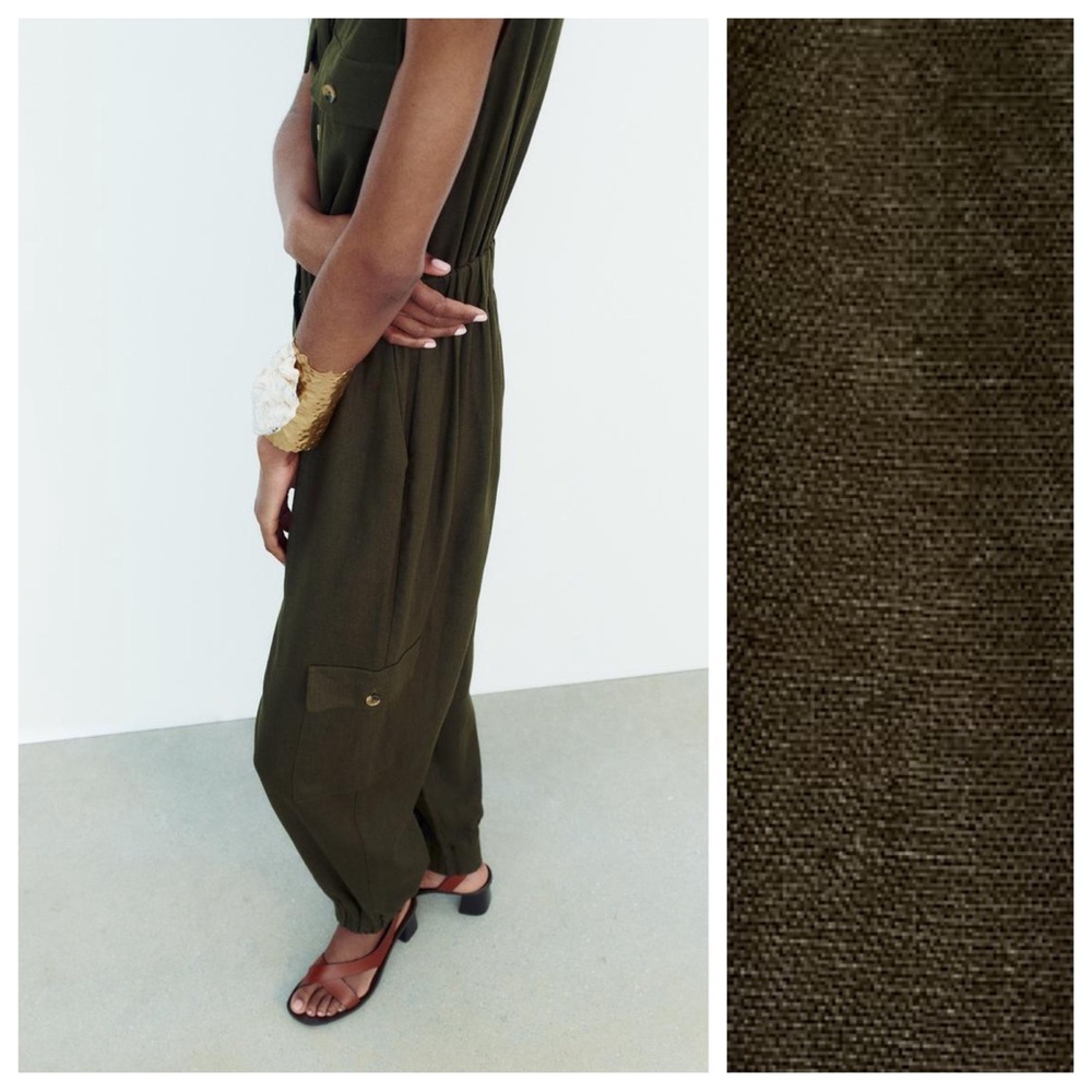 NWT. Zara Dark Khaki Linen Blend Sleeveless Jumpsuit. Size M. - Picture 2 of 11